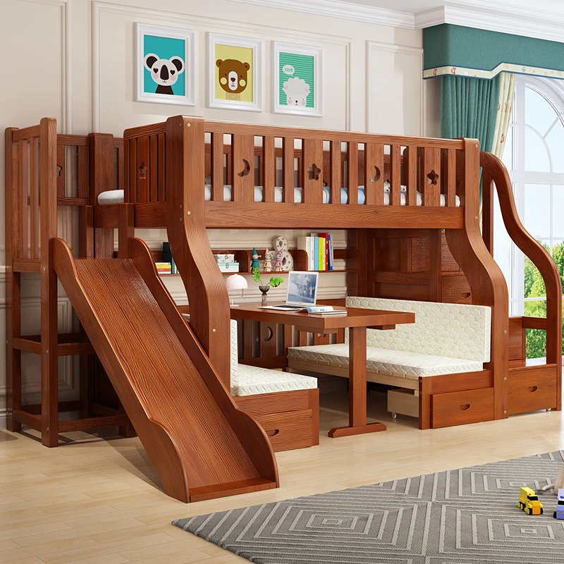 Toddler Children A Boy Lit Superpose Enfant Wooden Twin Bunk Bed  Frame With Desk Storage