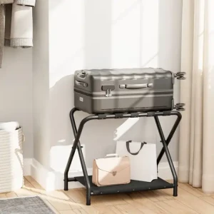 Wholesale Folding Luggage Rack Suitcase Stand with Fabric Storage Shelf Double Tiers Metal Luggage Holder  for Guest Room