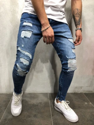 Wholesale Hot Sale Custom washed breathable jeans men  biker jeans men 2020 side stripe casual ripped men jean trousers 6758