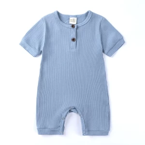 Wholesale Summer  Short sleeve Unisex Infant Clothing Ribbed Baby Romper Solid Color Newborn Baby Bodysuit