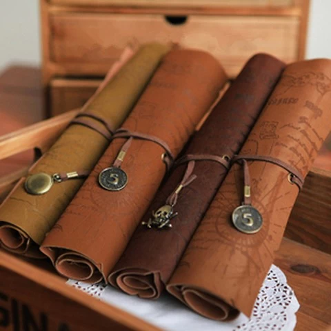 wholesale vintage style roll type pen bag imitation shutter leather pirate treasure map pen pouch/students pencil bags/pockets