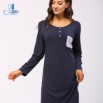 Wholesale Womens Breathable Contrast Color Night Dress Long Sleeve Viscose Wrinkled Design Sleep Wear Femme