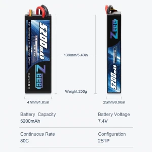 Zeee 2S 5200mAh 80C 7.4V Lipo Battery Hard Case with Deans T Plug for RC Truck/Truggy/Heli/ Airplane /Drone /FPV /Racing