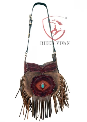 Light Brown Crunch Leather Fringe Bag with Turquoise Stone, Cowgirl, Western Bag, Hand Tooled Leather, 11" x 13"