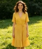Polka Dot Wrap Front Summer Dress V Neck Short Sleeve Casual Holiday Midi Gown