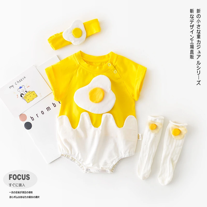 2020 New creative fried egg baby romper with headband socks set Baby birthday gift set