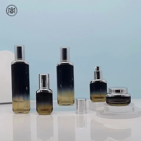 30g 50g 30ml 40ml 100ml 120ml cosmetic packaging set aluminum shoulder oval black clear glass essential oil pump Bottle and jars