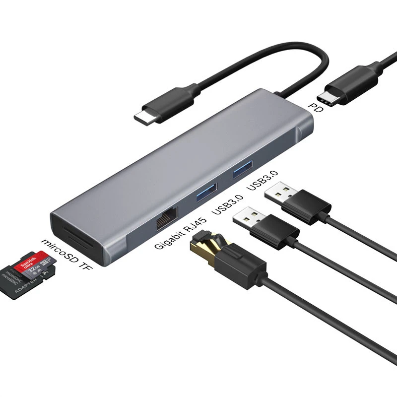 6 in 1 Port USB C Hub HDMI Display Docking Station USB  Hub with Ethernet PD Card USB3.0