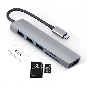 6 Port 6 in 1 HD PD Charge Type c 3.0 Usb hub in Aluminum Compatible with Mac OS, Windows 7/8/10 USB C HUB