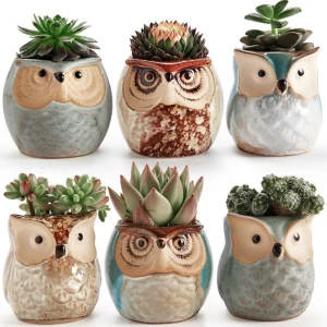 6pcs/lot Ceramic Owl Flower Pot Planters Flowing Glaze Base Serial Set Succulent Cactus Plant Container Planter Bonsai Pot