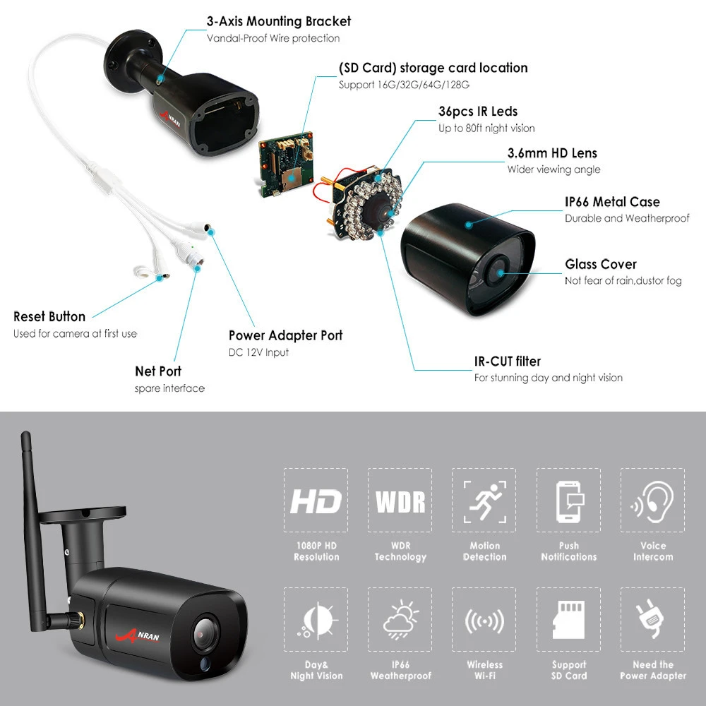 ANRAN 2.0MP IP Camera Wi-fi Outdoor Waterproof HD Video Surveillance Security Camera Built-in SD Card Slot 1080P Wifi Camera