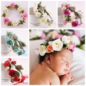 baby artificial silk flowers hair accessories girls red roses garland green leaf gold heads wreath newborn wedding headband