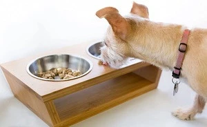 Bamboo wood pet cat dog 2 stainless steel feeder food bowl raised stand