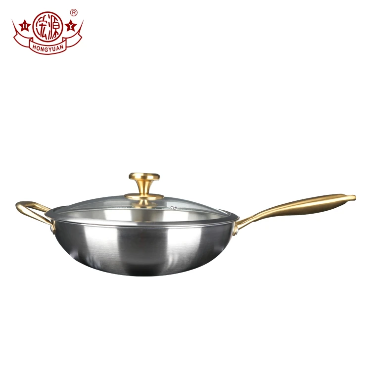 Best sale gold double handle glass cover steel cooking pan