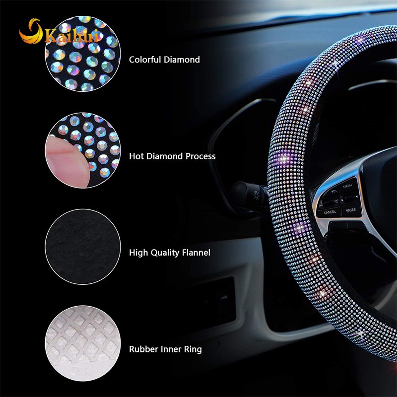 Car Bling Steering Wheel Cover for Women Girls, 15 Inch Universal Colorful Crystal Rhinestone Diamond Rainbow Bling Accessories