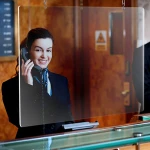 Clear Glass Cashier Checkout Shield Barrier Hanging Acrylic Sneeze Guard For Reception Desk Counter