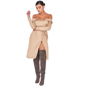 Custom Made Brown Thin Camel Off Shoulder Women Trench Coat