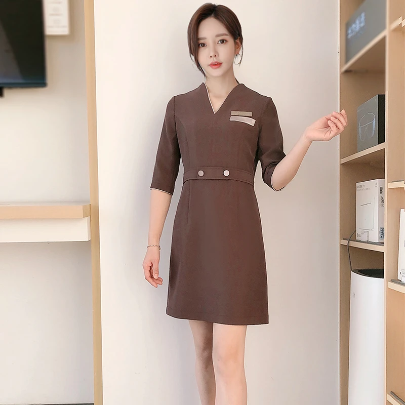 Customized Stylish Uniforms Dress Ladies Uniforms for Salon Hotel Waitress Receptionist Uniforms