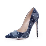 Customs Women Jeans Fabric Shoes Black Blue 12cm Oem Logo Pump Ladies Shoes Denim 1 Pairs
