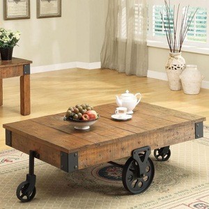 Distressed Wood Country Wagon Coffee Table with Wheels