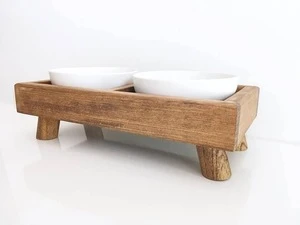 Elevated Cat Dog Bowls with Wooden Stand with Double Ceramic Bowls Raised Feeder for Pet