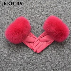 Fashion Real Leather Women Mittens High Quality Sheepskin &amp; Fox Fur Gloves