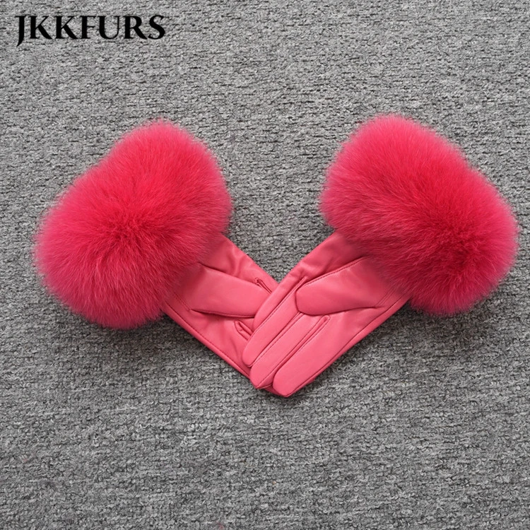 Fashion Real Leather Women Mittens High Quality Sheepskin &amp; Fox Fur Gloves