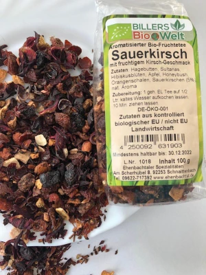 German organic BIO dried fruit tea with dried herbals and dried flowers-Sauerkirsch fruit flavoured tea with cherry taste