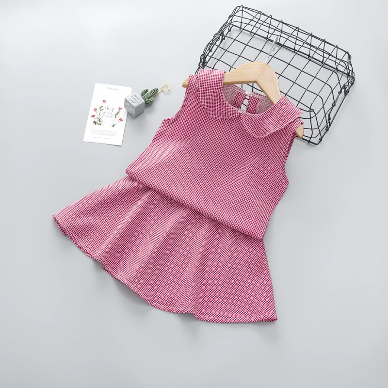 Girls&#x27; Skirt And Blouse Set Summer New Fashion 2 Piece Chiffon Sleeveless Doll Collar Top Plaid Girls Skirt And Top Set