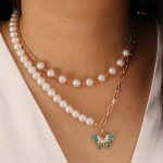 Gold plated pearl layered pave butterfly pendant half pearl half paper clip chain necklace for women