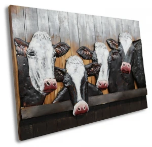 Handcrafted 4 Milk Cow Hanging Oil Painting Wood Background Super 3d Wall Art Seven Wall Art Metal Craft Home Decoration