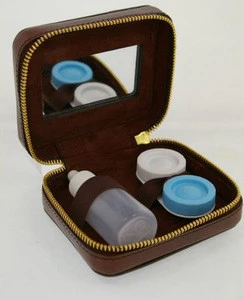 handmade hot sell zip rounded travel waterproof leather contact lens case box pouch storage bag wholesale