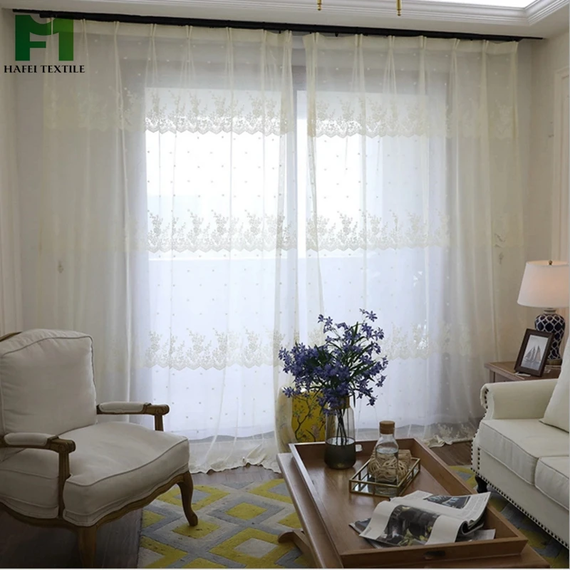 High grade luxury solid white flower embroidery voile sheer curtain