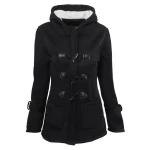 Horn button coat women thickened hooded blended jacket cotton coat women