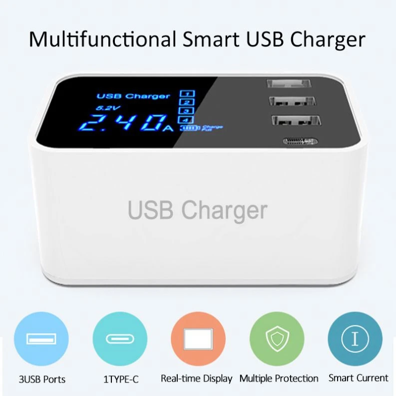 Hot sale 2020 Desktop QC3 Port 3.0 Type C Wall Charger USB Hub with LCD Display