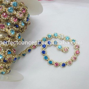 Hot selling colorful rhine stone trimming / trimming for clothes / clear/fuchsia/rose/aquamarine/sapphire/white opal /gold trim