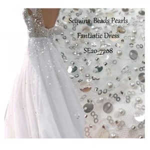 Luxury beaded white net tulle veil mesh glitter fabric sequins pearls crystal stone wedding bridal evening dress lace fabric