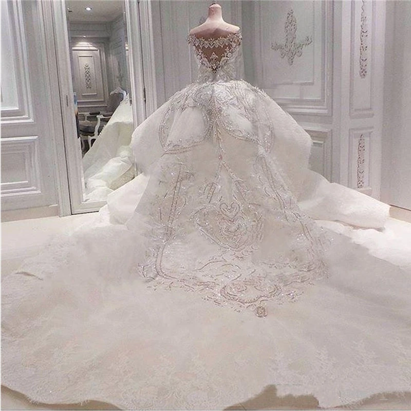 Luxury Crystal Beaded Wedding Dress With Detachable Overskirt Dubai Arabic Sparkly Diamonds Sheath Bridal Gowns