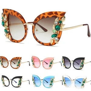 Luxury Womens Oversized Cat Eye Rhinestones Sunglasses Flat Mirror Metal Frame Glasses