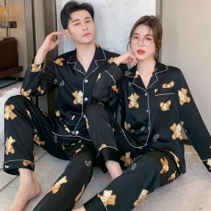 Manufacturer sells High Quality two-piece couple set Cozy Solid Color Loungewear Long Sleeve Slik pajamas Sleep wear