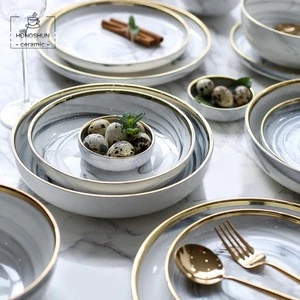 Marble Pattern Ceramic Dinnerware Set Gold Rim  Dinner Plate Porcelain Tableware Plate 6 Pcs/set