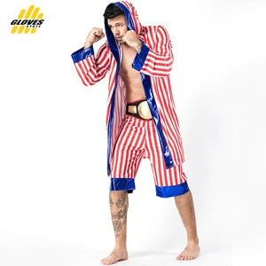 Men Boxing Champion Halloween Costumes Modern Red Stripe Adult Game Clothing Top+Pants +Girdle