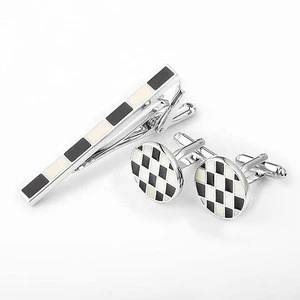 Men Simple Design Black And White Enamel Round Pocket Cufflink Ties Clips For Wedding Party