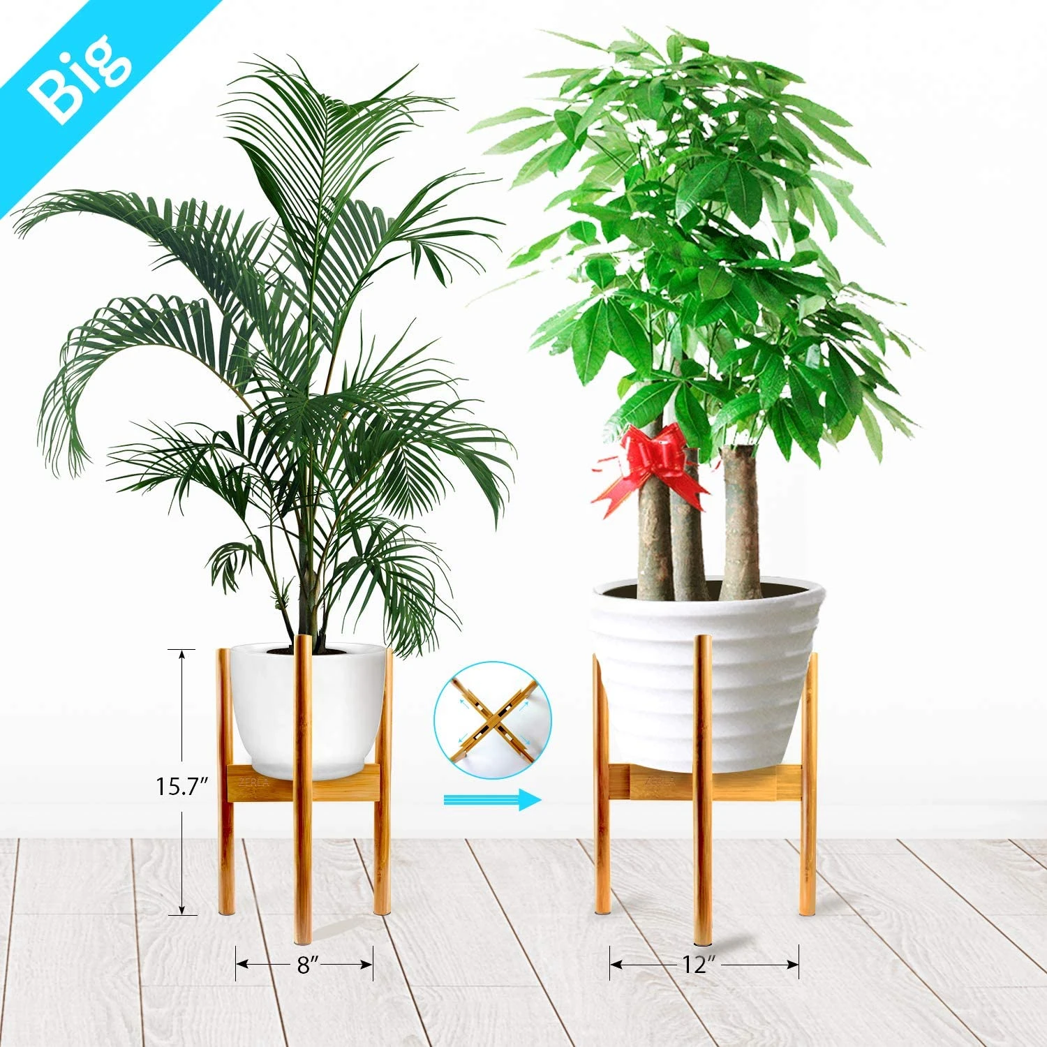 Mid-Century Bamboo Adjustable Plant Pot Stand Indoor Flower Pot Holder Display Potted Rack