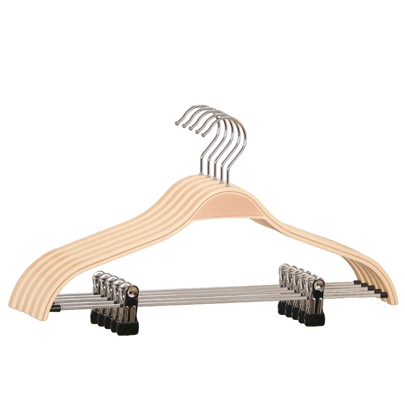 Natural non slip Laminated  Coat Hanger with Clips Space Saving Plywood pant hangers with clips