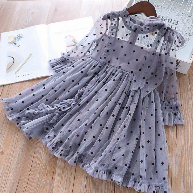 New fashion baby girls boutique spring dots printed long sleeve ruffled long sleeve tulle princess bow dress