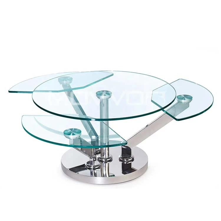 New Italian design tri-synchronous motion expanding glass coffee table with stainless steel base