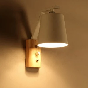 Nordic simple solid wood wall lamp with black grey metal lampshade