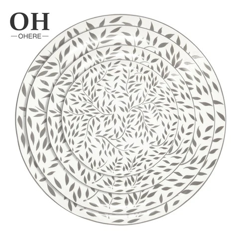 Ohere Bone China Dinnerware Set 4pcs Plate Set silver leaves Ceramic Tableware Wedding Charger Plate for Event&Catering