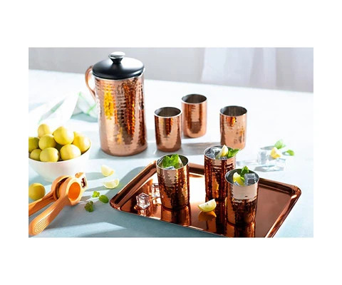 Premium Stainless Steel Copper Coated Water 6 pcs Glasses Jug With Handle And Steel Multipurpose Metal 6 Glasses 1 Jug 1 Tray